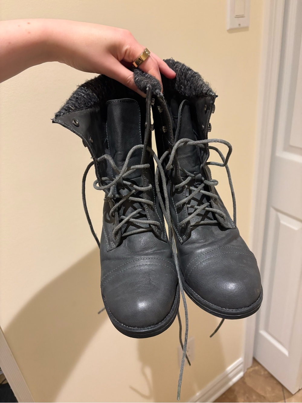 Gray Lace-Up Knit-Cuff Ankle Boots